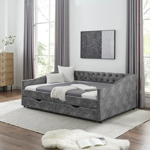 Vista 11 de Base de cama tamaño matrimonial de madera, base de cama diurna con 2 cajones de almacenamiento, sofá cama tapizada de tamaño matrimonial con diseño