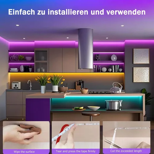 Vista 6 de Luces LED para dormitorio con alimentación USB, tiras de luz LED Bluetooth de 32.8 pies, aplicación inteligente y control remoto, IP65 resistente al