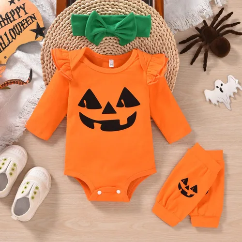 Vista 4 de fioukiay Conjunto de ropa de Halloween para niñas recién nacidas, conjunto de 4 piezas, mameluco y pantalones cortos