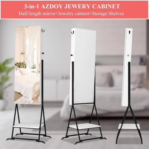 Vista 7 de AZODY Armario de joyería con espejo de pie con estante, armario de joyería con cerradura con espejo interior, organizador de joyas blanco