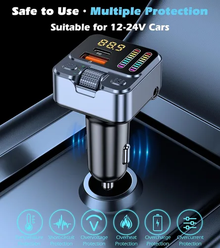 Vista 6 de Adaptador de coche Bluetooth 5.3 con transmisor FM 42W PD carga rápida Bluetooth AUX USB Music Receiver HandsFree Calls, Beat Sync LED Lights for