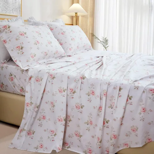 Vista 21 de QSH 100% Sábanas de algodón para cama tamaño Queen - Estampado floral azul de plantas patrón botánico lujoso de algodón estampado floral ropa