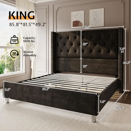 Vista 2 de PaPaJet Marco de cama de terciopelo King con cabecera de ala de 49.2 Negro