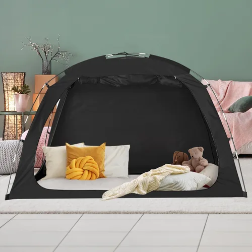 Vista 9 de EighteenTek Toldo de cama con luces, tienda de campaña de cama matrimonial Sleeping Dream, portátil, para habitación con corrientes de aire