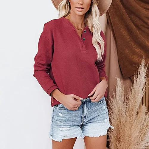 Vista 5 de Camisetas para mujer, de moda, elegantes, casuales, de manga larga, con cuello de botón, suaves y cómodas, tipo túnica