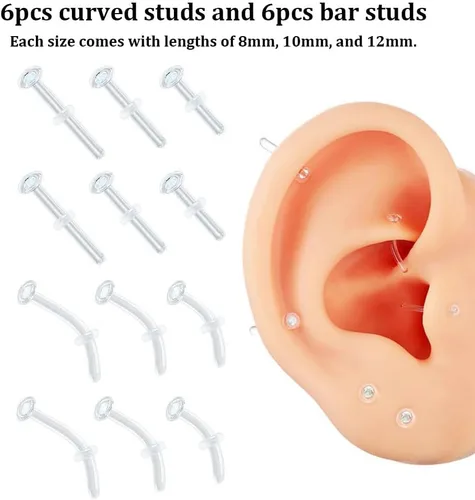 Vista 2 de 12pcs Glass Piercing Retainers Set for Work/Surgery/Sports, 18g 16g 14g Curved Clear Nose Studs for Cartilage Tragus Conch Daith Helix Lip Nose