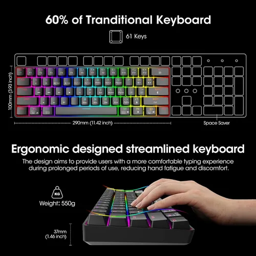 Vista 5 de KOORUI Teclado mecánico ultracompacto con 60% de 61 teclas con cable retroiluminado RGB con interruptor rojo, mini teclados para Windows MacOS Linux