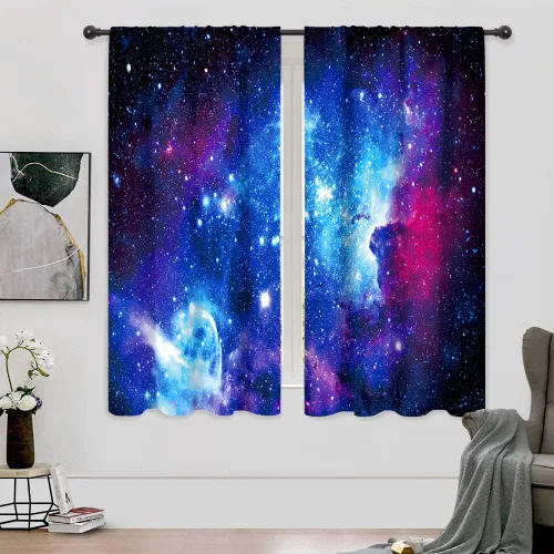 Vista 5 de Riyidecor Cortinas y Drapes Galaxia Espacio Nebulosa Cortinas de Cocina (2 Paneles 29.5 x 63 Pulgadas) Azul Bolsillo para Varilla Universo Planetas