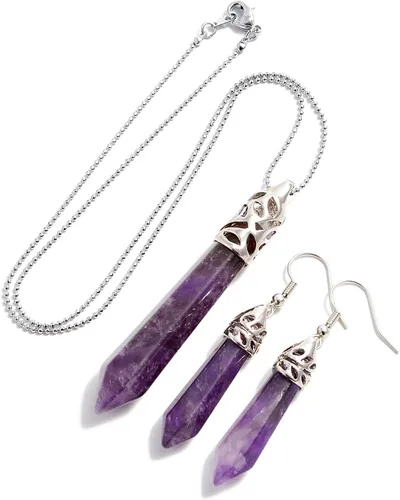 Vista 8 de AD Beads - Juego de colgante y aretes con piedras preciosas naturales hexagonales con punta, chakra Reiki Negro ágata