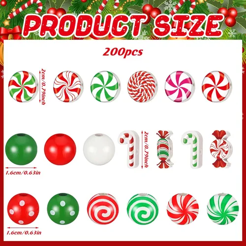 Vista 2 de Misdary - 200 cuentas de madera de Navidad para manualidades, fabricación Diseño de remolino de menta, proyectos de manualidades, guirnalda