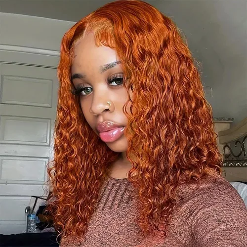 Vista 9 de Pelucas de cabello humano sin pegamento, color naranja jengibre, pre desplumadas, pre cortadas, pelucas de encaje frontal rizadas