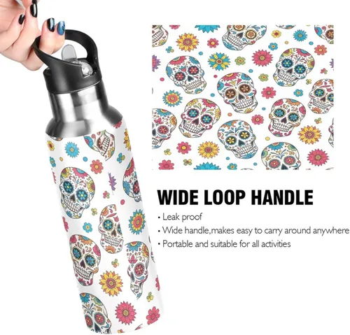 Vista 4 de BPA-Free Sport Water Bottle 32 Oz, Insulated Stainless Steel Water Bottle with Straw for Gym Outdoor Travel School, Colorful Skulls Floral