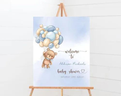 Vista 14 de Globo de aire caliente azul Boho Bear Can Bearly Wait Welcome Sign Decoración, descarga instantánea, letrero de plástico