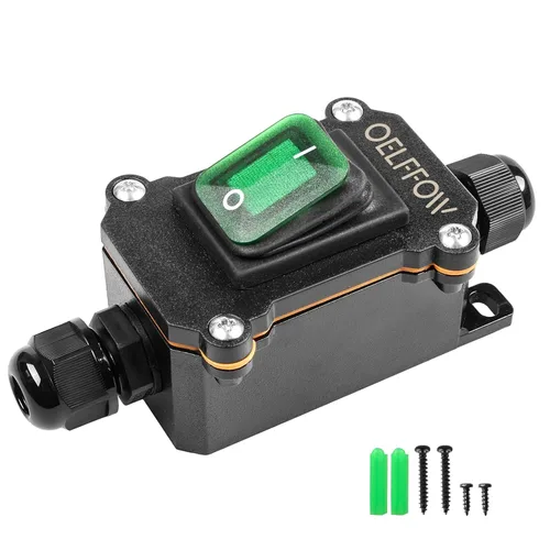Vista 10 de Interruptor de palanca de encendido y apagado impermeable con botón basculante de luz verde, interruptor de cable en línea DPST AC/DC 20A-125V