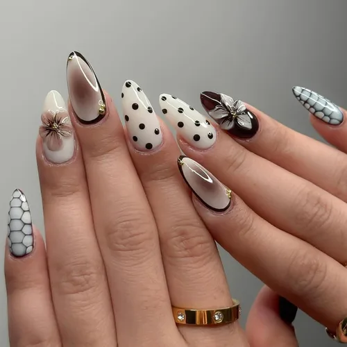 Vista 40 de Uñas postizas de almendra medianas MABKJLF con punta francesa, uñas falsas 3D con diseños de pedrería de flores de fresa, uñas pegajosas brillantes 1