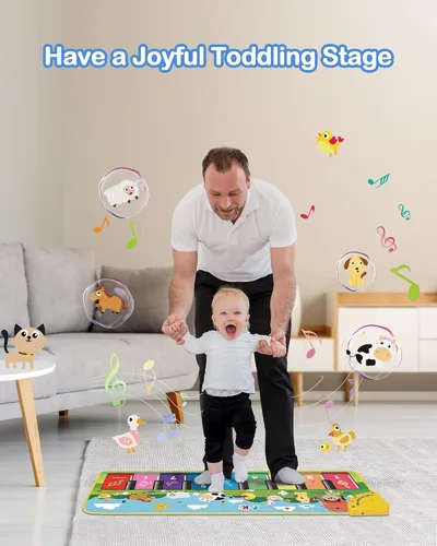 Vista 6 de FOKI Tapete de piano de suelo para niños pequeños, juguete educativo sensorial con teclado musical, tapete de juguete con sonidos de animales, manta