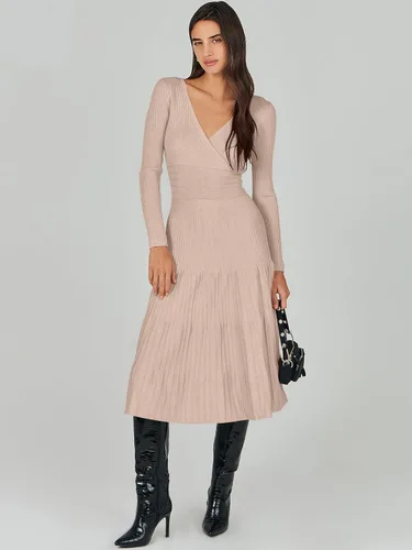 Vista 8 de ANRABESS Vestido midi cruzado tipo suéter para mujer, manga larga, cuello en V, cintura alta, acanalado, plisado, vestido acampanado