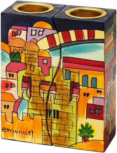Vista 3 de Candelabros Shabbat - Juego judío - Yair Emanuel Fitted Shabat Candelabros Jerusalén (Bundle)
