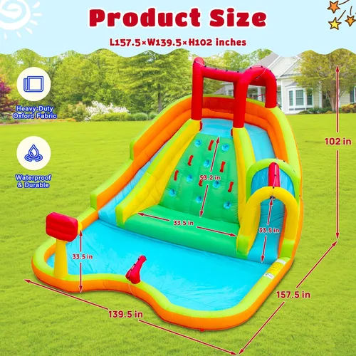 Vista 3 de WELLFUNTIME Parque Inflable de Toboganes de Agua Doble, Casa de Rebote con Pistola de Agua de Arco, Castillo Hinchable con Soplador de Aire