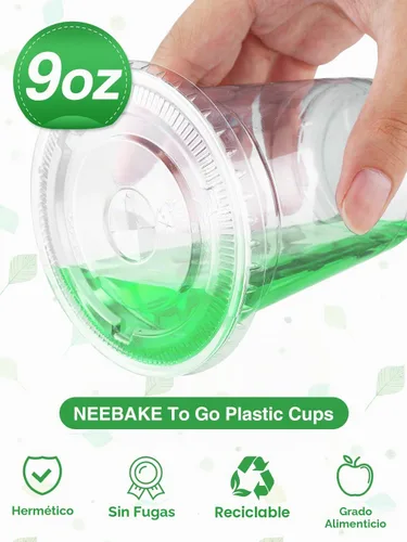 Vista 3 de NEEBAKE 150 Juegos de Vasos de Plástico Desechables de 9 oz con Tapas - Vasos Transparentes para Beber, Vasos de Plástico para Café Helado, Batidos