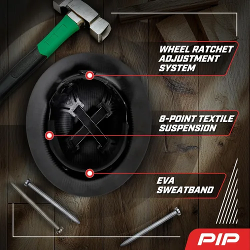 Vista 11 de PIP Wolfjaw, casco duro de ala completa con cúpula lisa y carcasa de fibra de carbono brillante, suspensión textil remachada de 8 puntos, ajuste