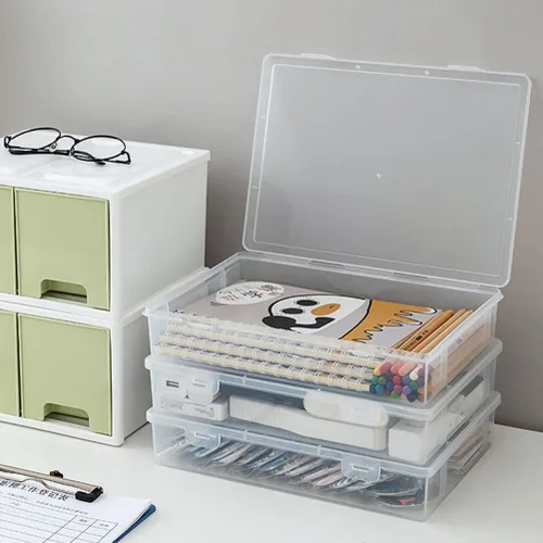 Vista 5 de NUOBESTY Estuche organizador de escritorio de oficina, estuche de plástico transparente para álbumes de recortes, caja de almacenamiento de papel