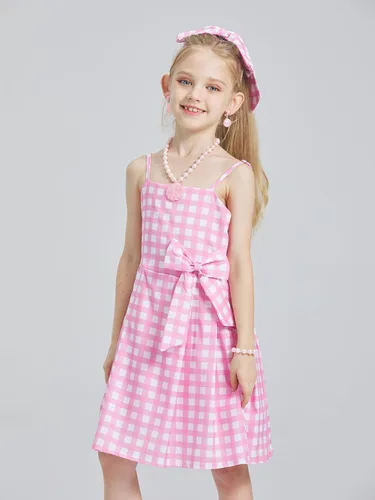 Vista 2 de MEDSAMAAN Vestido a cuadros rosa para niñas, disfraces de cosplay con accesorios de 4 a 10 años