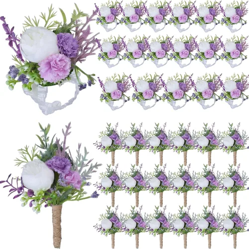 Vista 9 de Juego de 12 ramilletes de boda y boutonniere, pulsera de ramillete de boda con alfileres para baile de graduación, hombres, novia, fiesta