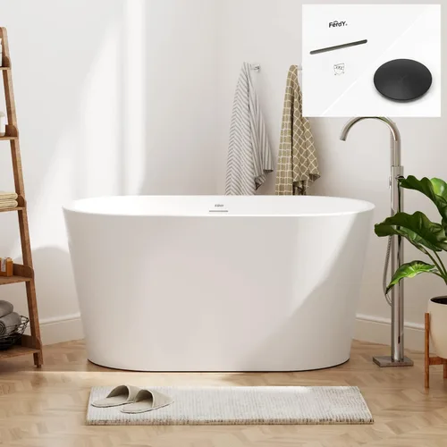 Vista 9 de FerdY 47" Bali - Bañera de acrílico independiente, bañera de inmersión independiente con forma elegante, certificada cUPC, drenaje de níquel Drenaje