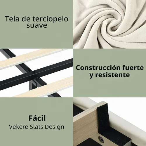 Vista 5 de REVOMINCA Armazón de cama tamaño completo (Full Size), plataforma tapizada con cabecera y pie de cama de terciopelo, base de colchón con listones