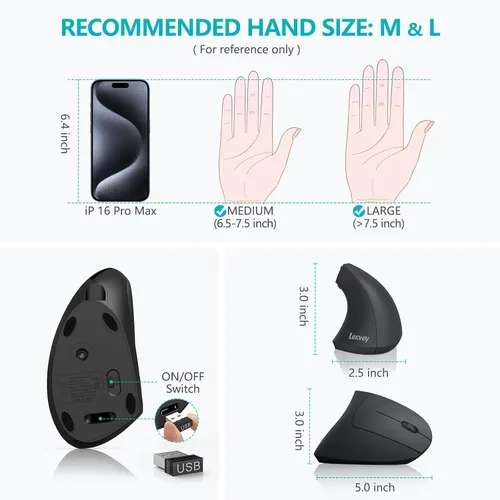 Vista 6 de Lekvey Ratón ergonómico, mouse inalámbrico vertical recargable, agarre