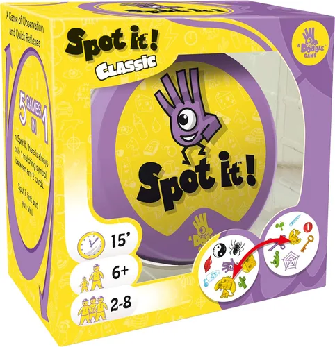 Vista 7 de Asmodee Spot It! Juego de cartas clásico (actualización 2024) - Edición con funda ecológica, juego de percepción visual 5 en 1 para reflejos rápidos
