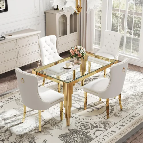 Vista 9 de Juego de mesa de comedor de cristal de 5 piezas para 4, mesa de cocina cuadrada de 37 pulgadas con 4 sillas tapizadas de terciopelo negro, mesa