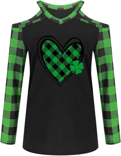 Vista 4 de Women St Patricks Day Shirt 2024 Cold Shoulder Cute Heart Print Irish Blouses Green Shamrock Graphic Tees Pullover