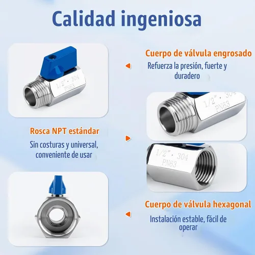 Vista 4 de Paquete de 2 mini válvulas de bola de 1/2 pulgada, control de flujo de agua de acero inoxidable 304 macho x hembra NPT roscadas válvulas de drenaje