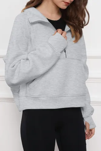 Vista 3 de Trendy Queen Sudadera corta con cremallera media para mujer, sudadera con capucha de forro polar con cremallera de un cuarto, suéter de invierno