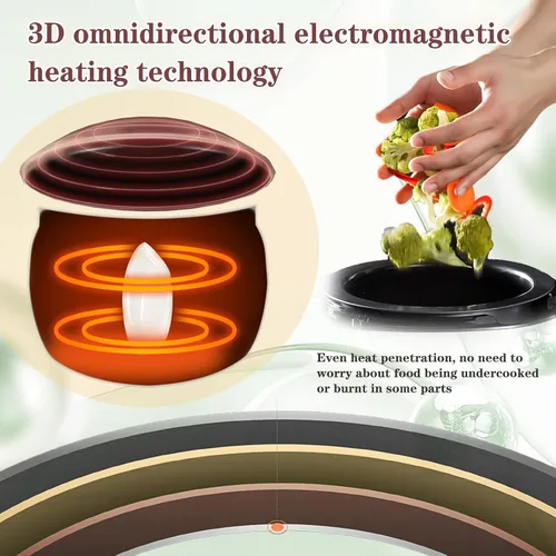 Vista 5 de Procesador de alimentos comercial de 1000 W y cocina automática, olla de acero inoxidable de 6 L con rotación de 360° y calentamiento 3D, 3 modos