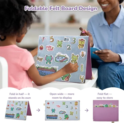 Vista 5 de CHEFAN Historias de tablero de franela de fieltro para niños pequeños, 5 pequeñas ranas moteadas, juego de números, reconocer animales, habilidad