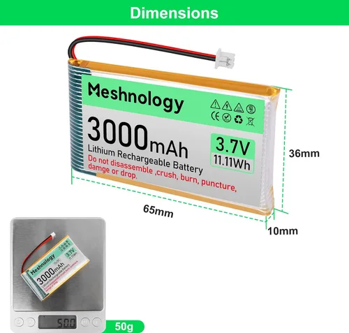 Vista 3 de Batería Li de 3.7 V 3000 mAh con cable de cargador USB 103665 1S Batería LiPo con placa de protección, cinta de goma aislada y enchufe micro JST