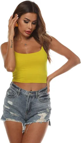 Vista 41 de Amilia - Camiseta básica de tirantes delgados para mujer (doble capa)