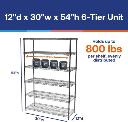 Vista 3 de Shelving Inc. Estantería de alambre cromado de 12 pulgadas de profundidad x 30 pulgadas de ancho x 54 pulgadas de alto con estantes de 6 niveles