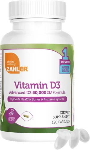 Vista 2 de Vitamina D3 de Zahler con 50,000 IU. Suplemento de 120 cápsulas para el huesos, dientes y sistema inmune. Fórmula avanzada centrada
