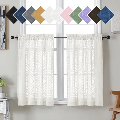 Vista 63 de Simplebrand Cortinas traslúcidas negras de cocina de 24 pulgadas de largo, 2 paneles, filtrado de luz, geométrico jacquard con textura, cortinas