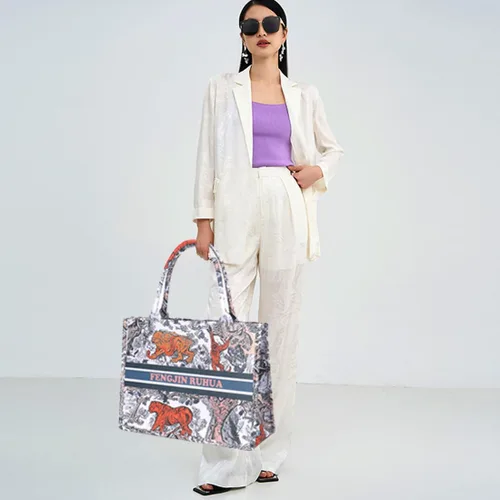 Vista 6 de FENGJINRUHUA Bolso de mano pintado de lujo grande de moda para mujer, bolsos de hombro de cuero, bordado de capacidad, bolso retro exquisito