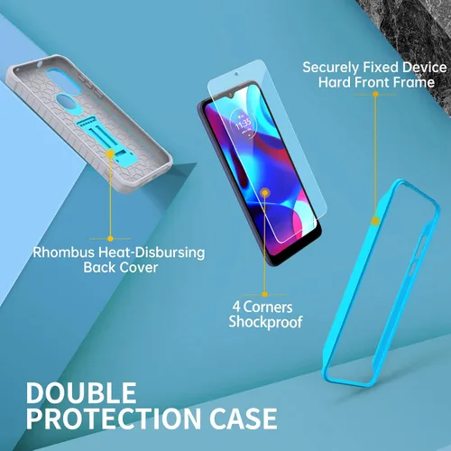 Vista 6 de FITO Funda para Moto G Pure, funda resistente a prueba de golpes de doble capa con un protector de pantalla de vidrio, soporte integrado (azul)