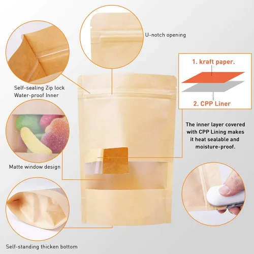Vista 3 de Bolsas de papel kraft de pie 100 unidades, bolsas resellables marrones con ventana para el hogar o negocios, café, bolsas de almacenamiento
