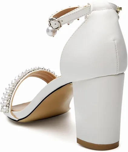 Vista 3 de Zapatos de novia para mujer, con puntera abierta, cómodos, tacón medio de bloque, correa al tobillo, sandalias de tacón con cadena de perlas