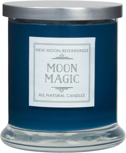 Vista 4 de New Moon Beginnings Vela Crescent Moon - Vela en tarro de cristal - Aroma cálido, picante, amaderado - Azul - Estilo moderno - Tema de luna - Para