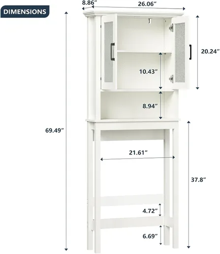 Vista 2 de Armario de Almacenamiento Sobre el Inodoro, Organizador de Baño Sobre el Inodoro con Puertas y Estante Ajustable, Marco Reforzado Armario