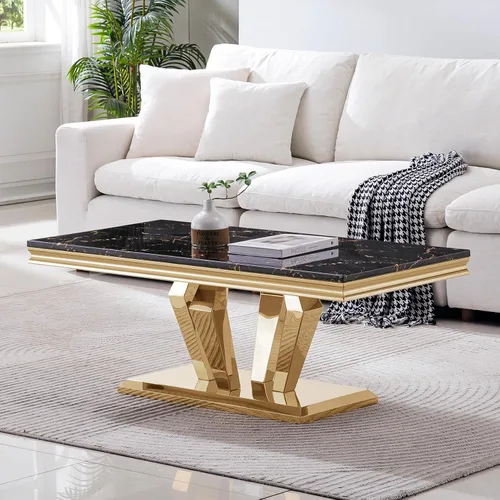 Vista 18 de SSLine Mesa de Centro Rectangular de Mármol Sintético para Sala de Estar, Mesa Central Moderna de Mármol Blanco de Lujo con Base Doble en Forma de U